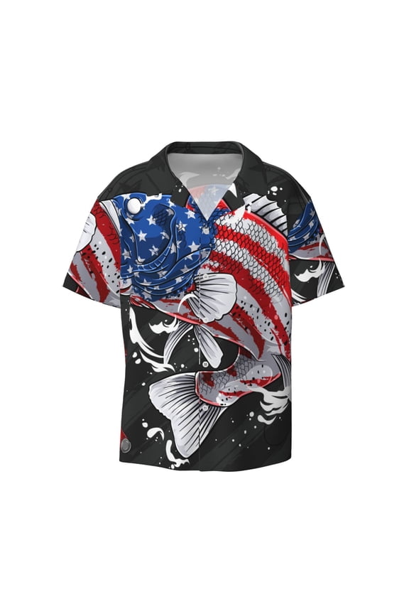 Largemouth Bass Fish in USA Print Men's Button Down Shirts Short Sleeve Casual Shirts Hawaiian Shirts Vacation Wedding Shirts with Pocket-XX-Large