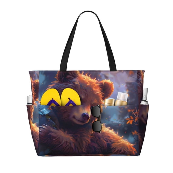 Kuqiui Lazy Stone Bear Print Beach Pool Bags Tote for Women Ladies Large Gym Tote Carry On Bag for Weekender Travel Waterproof