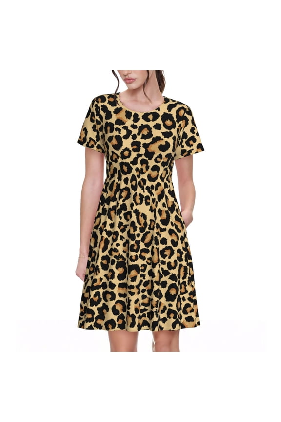 Leopard Print Print Women's Short Sleeve A-Line Dress with Pockets, Casual Crew Neck Knee-Length Dress for Daily Wear