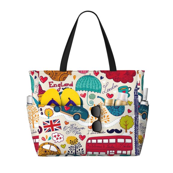Kuqiui London Symbols Print Beach Pool Bags Tote for Women Ladies Large Gym Tote Carry On Bag for Weekender Travel Waterproof