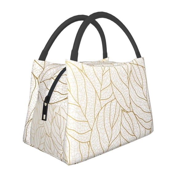 Kuqiui Lunch Bag for Women/Men,Waterproof Reusable Portable Lunch Tote,Lunch Box Bag.Thermal Cooler Bag Ideal for Work/Party/Travel/Picnic (Elegant Gold Leaf Pattern )