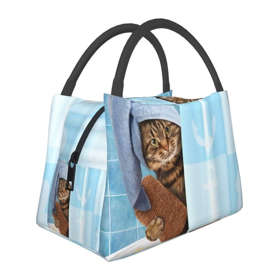 Kuqiui Lunch Bag for Women/Men,Waterproof Reusable Portable Lunch Tote,Lunch Box Bag.Thermal Cooler Bag Ideal for Work/Party/Travel/Picnic (Funny Cat Taking a Bath )