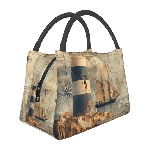 Kuqiui Lunch Bag for Women/Men,Waterproof Reusable Portable Lunch Tote,Lunch Box Bag.Thermal Cooler Bag Ideal for Work/Party/Travel/Picnic (Vintage Nautical Lighthouse )