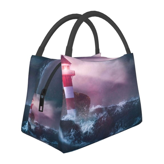 Kuqiui Lunch Bag for Women/Men,Waterproof Reusable Portable Lunch Tote,Lunch Box Bag.Thermal Cooler Bag Ideal for Work/Party/Travel/Picnic (lighthouse Waves Torrential Rain )