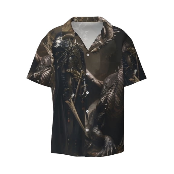 Kuqiui Medieval Knight And Dragon Print Men's Button Down Shirts Short Sleeve Casual Shirts Hawaiian Shirts Vacation Wedding Shirts with Pocket-3X-Large