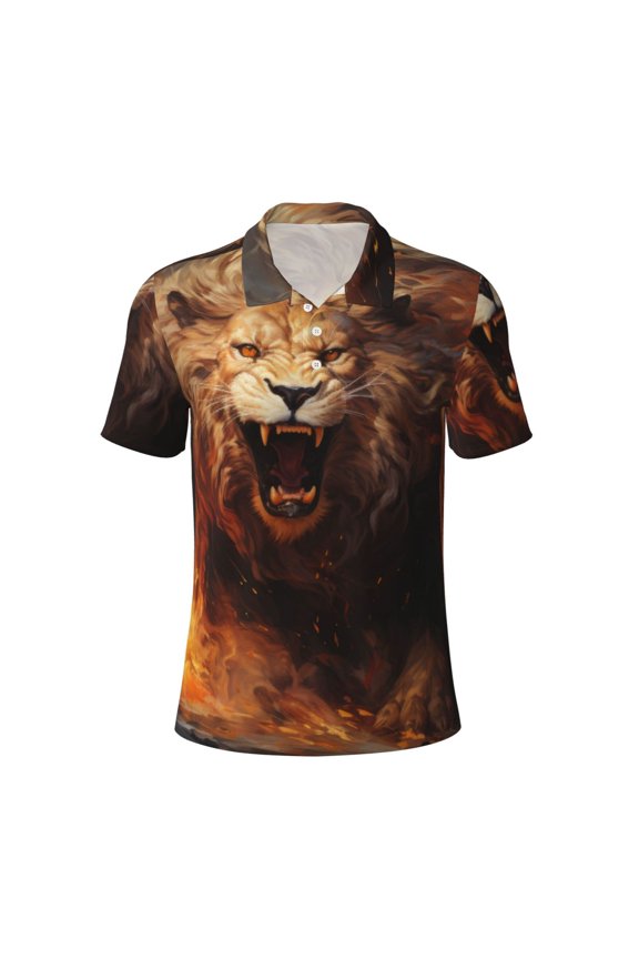 Mens Golf Polo Shirt Dry Fit Performance Sport Short Sleeve Golf Polo Shirts for Men-Cool Fire Lion