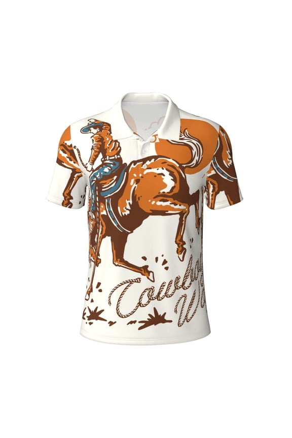 Mens Golf Polo Shirt Dry Fit Performance Sport Short Sleeve Golf Polo Shirts for Men-Cowboy Riding Horse