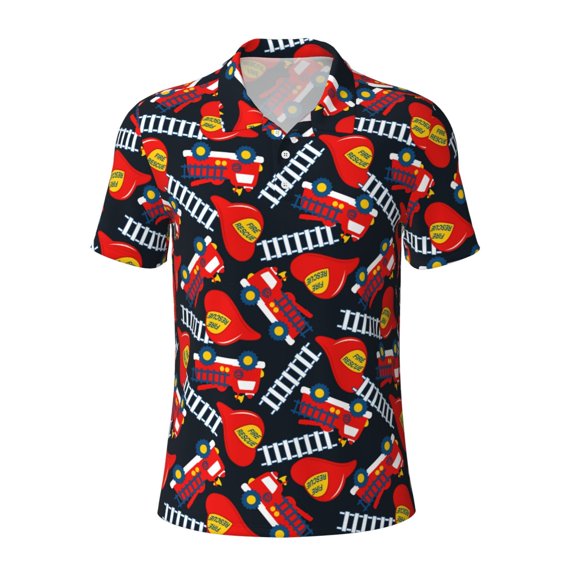 Kuqiui Mens Golf Polo Shirt Dry Fit Performance Sport Short Sleeve Golf Polo Shirts for Men-Fire Rescue With Red Helmet And Truck