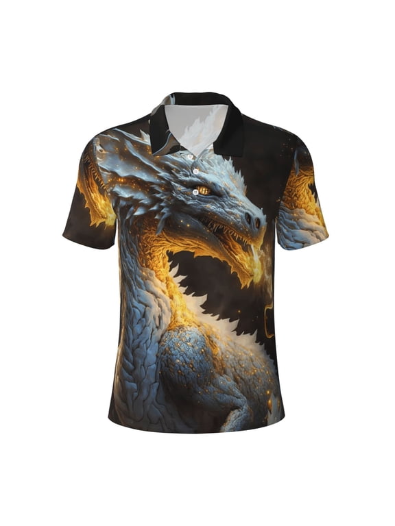 Mens Golf Polo Shirt Dry Fit Performance Sport Short Sleeve Golf Polo Shirts for Men-Golden White Fire Dragon