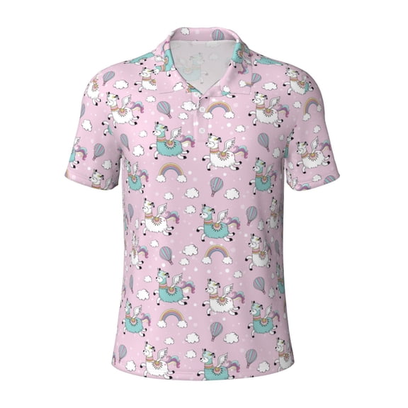 Kuqiui Mens Golf Polo Shirt Dry Fit Performance Sport Short Sleeve Golf Polo Shirts for Men-Llama Unicorn and Rainbow