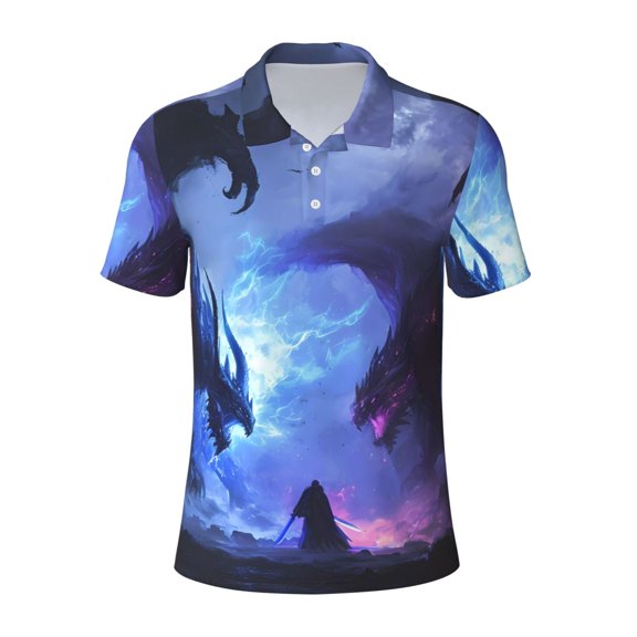 Kuqiui Mens Golf Polo Shirt Dry Fit Performance Sport Short Sleeve Golf Polo Shirts for Men-Red And Blue Fire Dragon