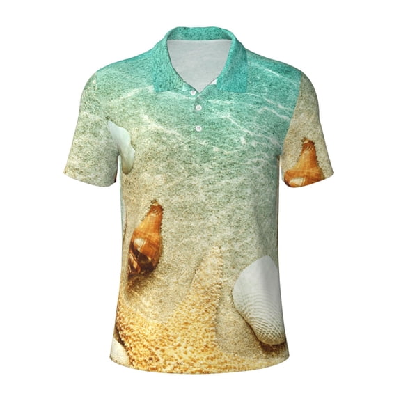Kuqiui Mens Golf Polo Shirt Dry Fit Performance Sport Short Sleeve Golf Polo Shirts for Men-Starfish And Seashell On The Beach