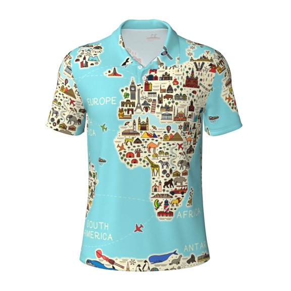 Kuqiui Mens Golf Polo Shirt Dry Fit Performance Sport Short Sleeve Golf Polo Shirts for Men-World Travel Line Icons Map