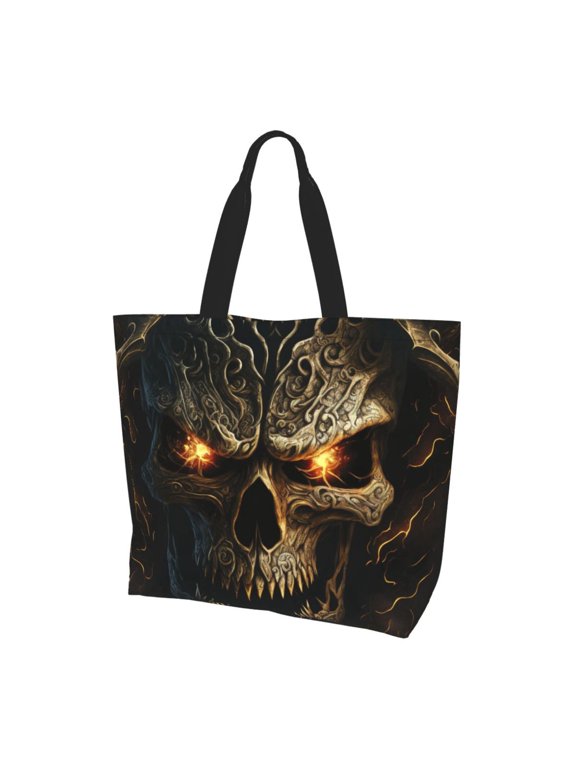 Metal Evil Skull Print Tote Bag,Zipper Tote Bag for Women,Tote Bag Inner Pocket Pattern Lightweight Daily Bag Book Bag
