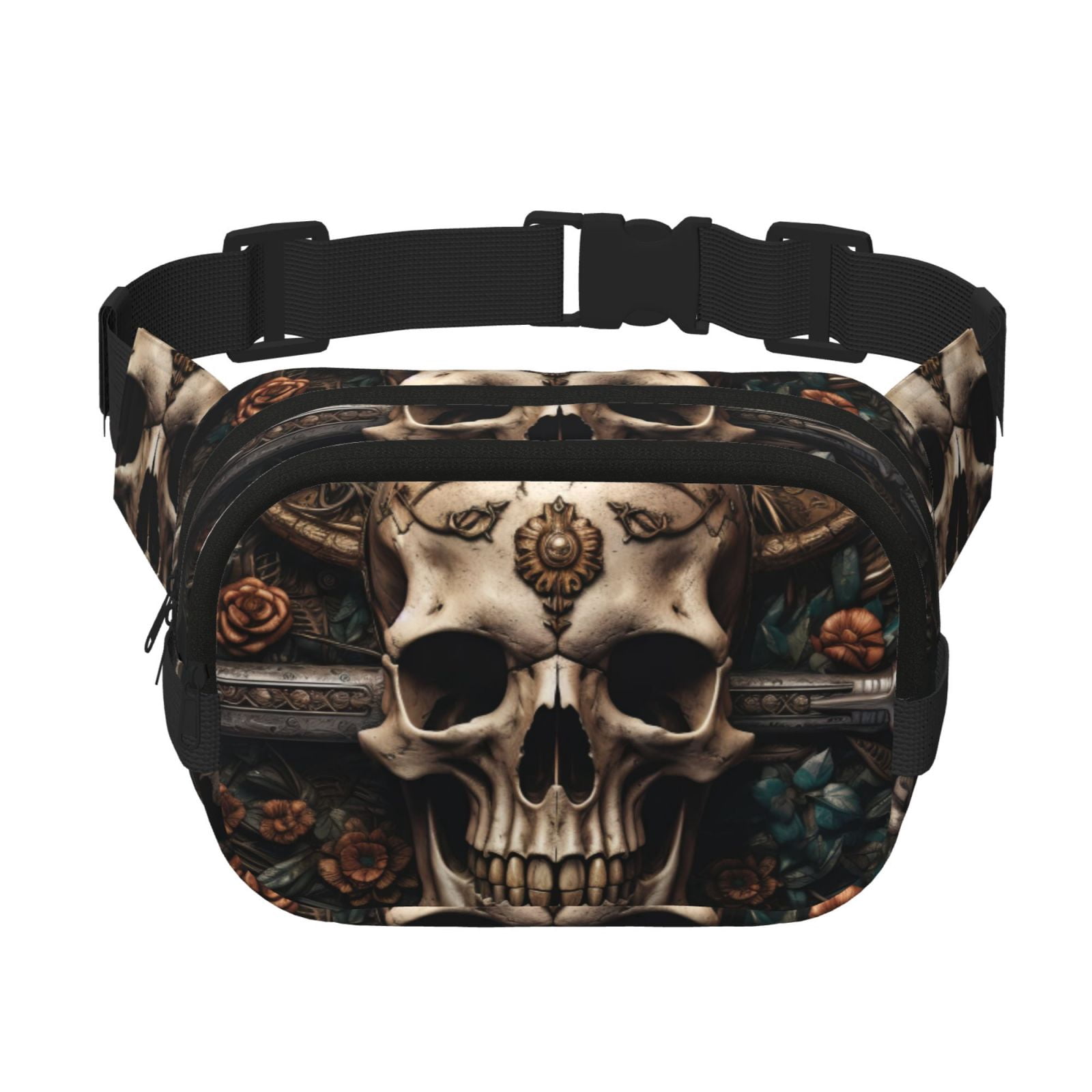 Kuqiui Metal Style Horned Skull Print Fanny Packs for Women Cross Body Waist Bag Fashionable Fanny Pack Designer Workout Hiking Waist Pack Running Travel Gym