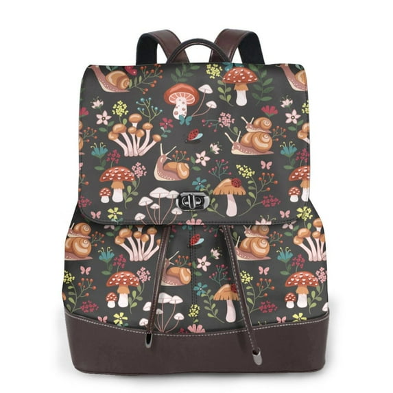 Kuqiui Mushroom Snail Print Leather Backpack Purse For Women Fashion Ladies Vintage Bags Casual College Travel Backpacks bag