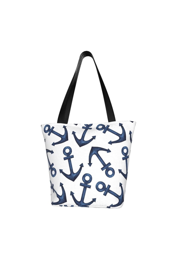 Navy Blue Anchors Print Canvas Tote Bag for Women Cute Clothing Book Aesthetic Casual Reusable Tote Shoulder Bags