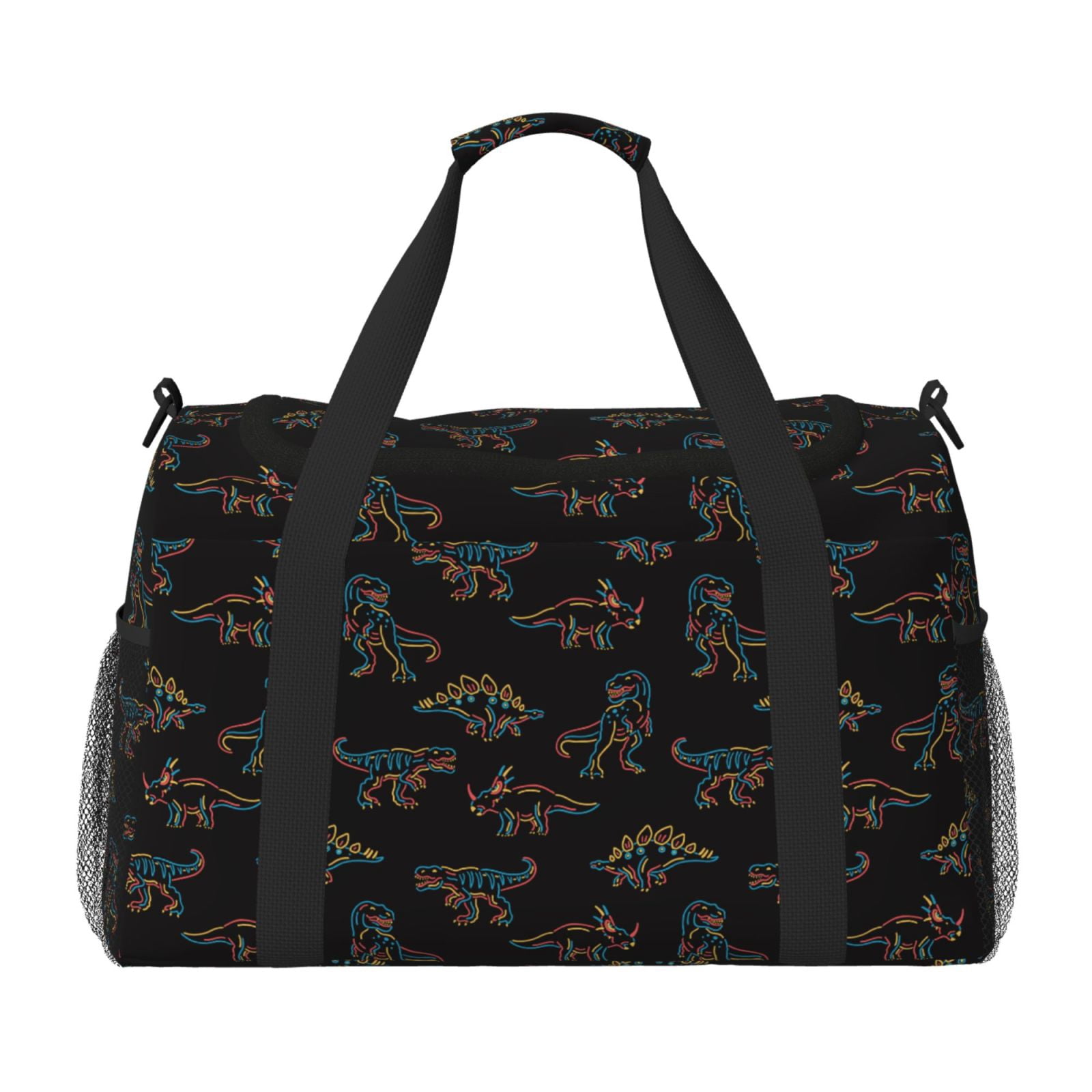 Kuqiui Neon Dinosaur Print Foldable Travel Duffel Bag Tote Carry on Luggage Bag Personal item Sports Gym Bag Water Resistant Weekender Overnight Bags for Women and Men