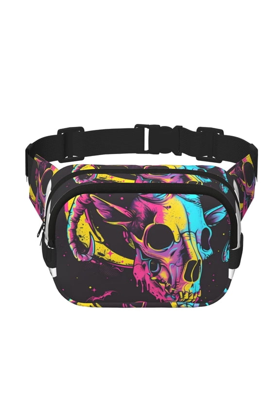 Neon Gothic Skull Moon Print Fanny Packs for Women Cross Body Waist Bag Fashionable Fanny Pack Designer Workout Hiking Waist Pack Running Travel Gym