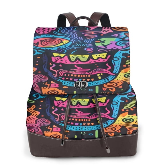 Kuqiui Neon Graffiti Urban Art Print Leather Backpack Purse For Women Fashion Ladies Vintage Bags Casual College Travel Backpacks bag