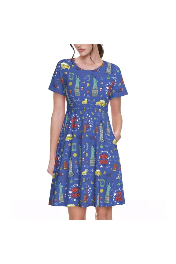 New-York City Print Women's Short Sleeve A-Line Dress with Pockets, Casual Crew Neck Knee-Length Dress for Daily Wear