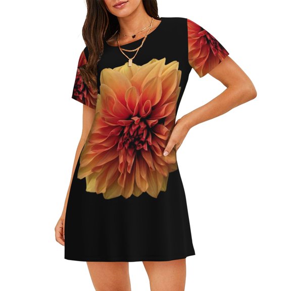 Kuqiui Orange Dalia Pattern Women's Short-sleeved Nightgown,Casual Sleep A-line Sleepwear Comfy Sleepshirt,Cute Breathable Nightdress Ruffle - X-Large