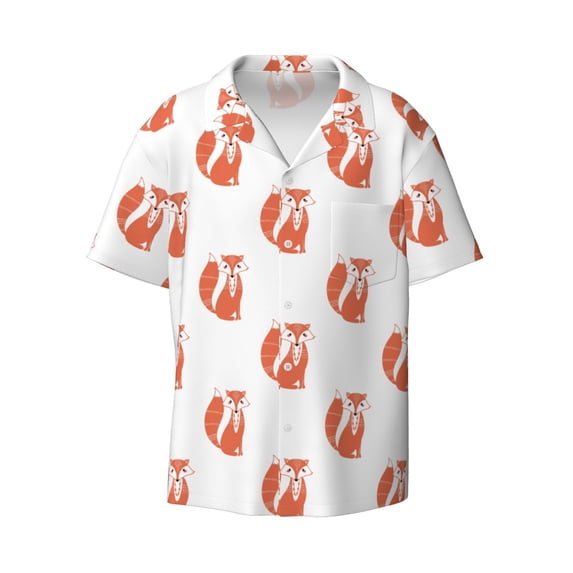 Kuqiui Orange Fox Print Men's Button Down Shirts Short Sleeve Casual Shirts Hawaiian Shirts Vacation Wedding Shirts with Pocket-Medium