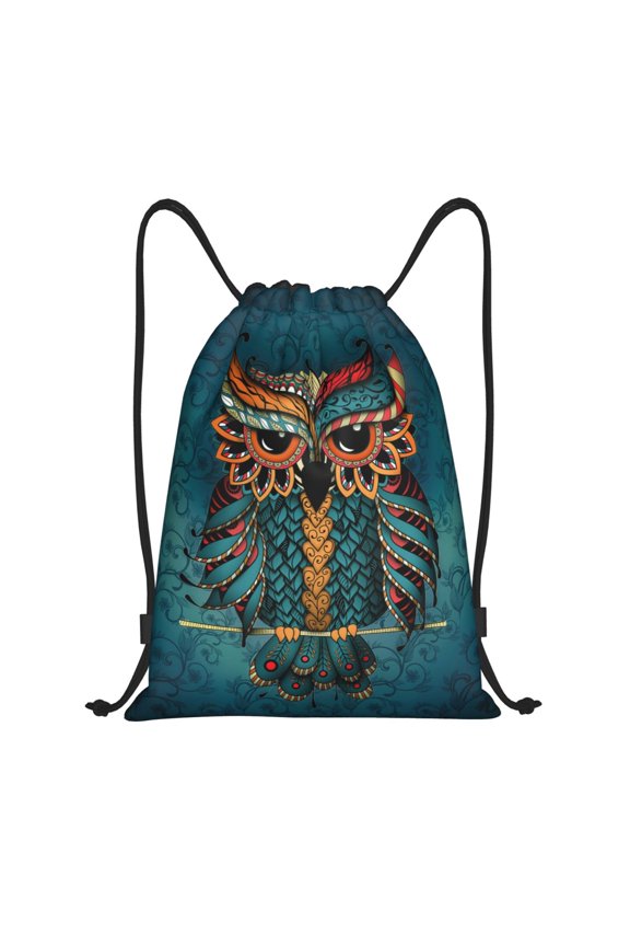 Owl In Blue Print Drawstring Backpack Drawstring Bags,Draw String Back Bag Drawstring Bags for Sports,Gym,Travel,Swimming,Beach