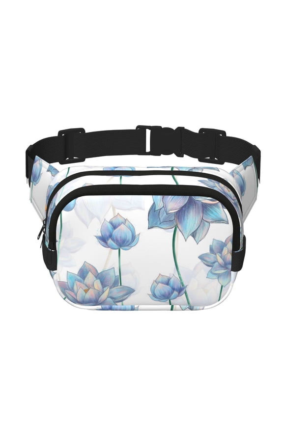 Pale Blue Lotus Flowers Print Fanny Packs for Women Cross Body Waist Bag Fashionable Fanny Pack Designer Workout Hiking Waist Pack Running Travel Gym