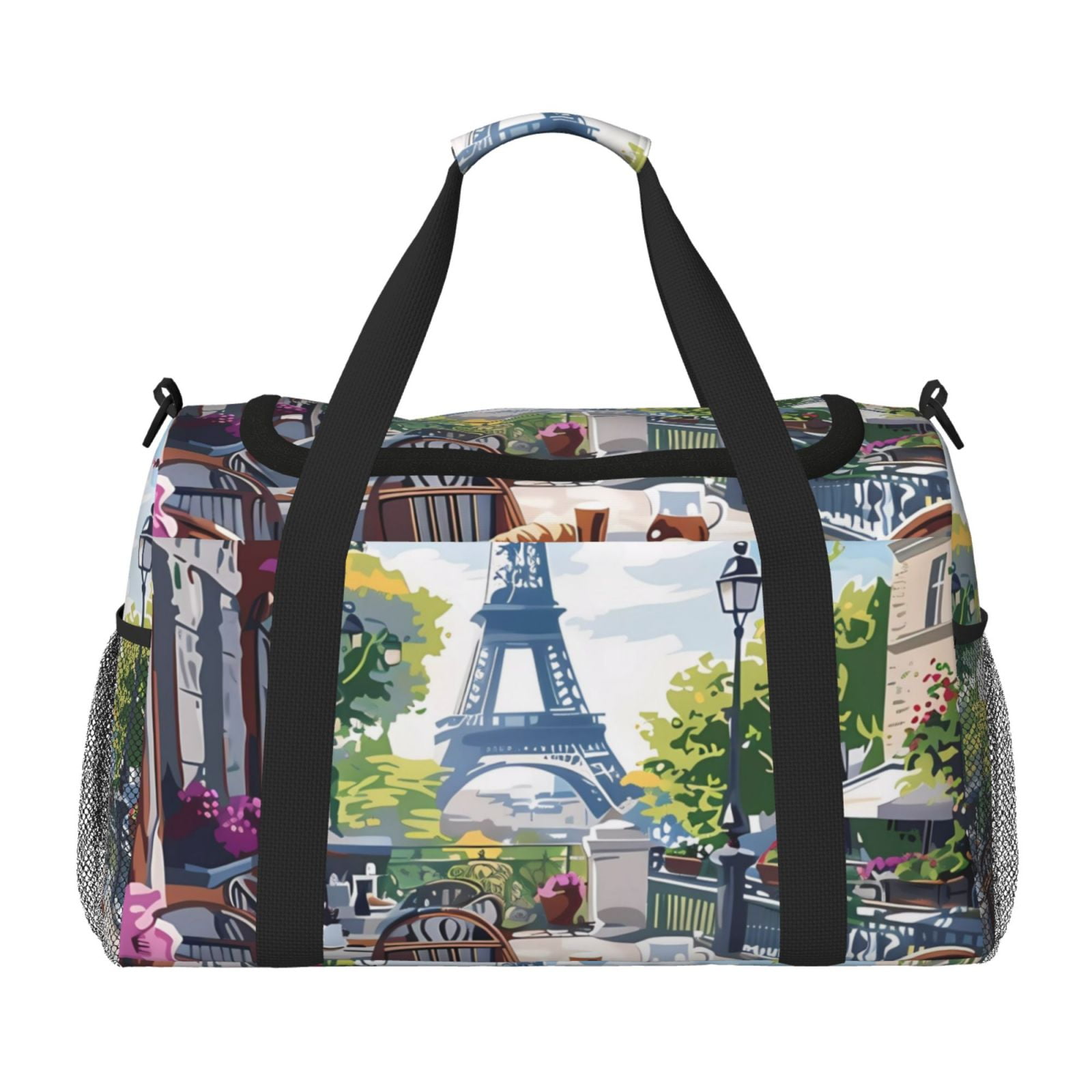 Kuqiui Parisian Cafe With Eiffel Print Foldable Travel Duffel Bag Tote Carry on Luggage Bag Personal item Sports Gym Bag Water Resistant Weekender Overnight Bags for Women and Men