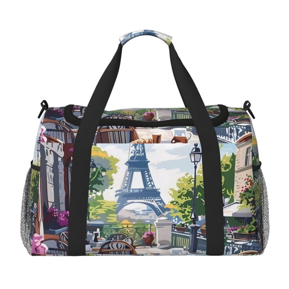 Kuqiui Parisian Cafe With Eiffel Print Foldable Travel Duffel Bag Tote Carry on Luggage Bag Personal item Sports Gym Bag Water Resistant Weekender Overnight Bags for Women and Men