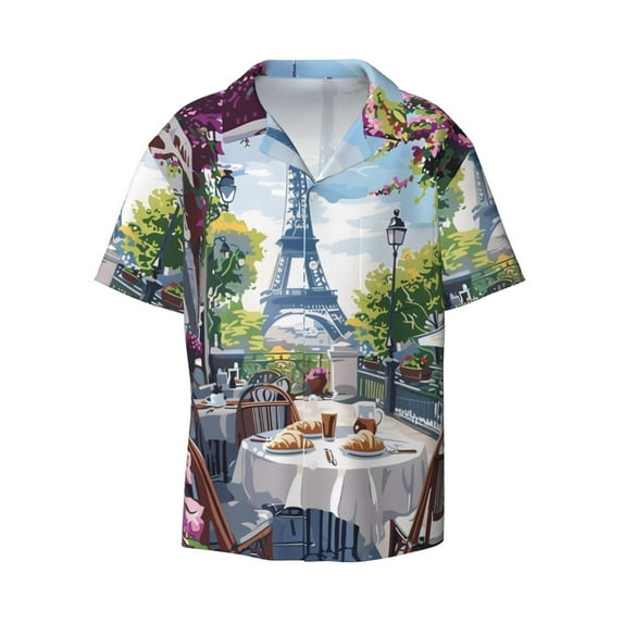 Kuqiui Parisian Cafe With Eiffel Print Men's Button Down Shirts Short Sleeve Casual Shirts Hawaiian Shirts Vacation Wedding Shirts with Pocket-3X-Large