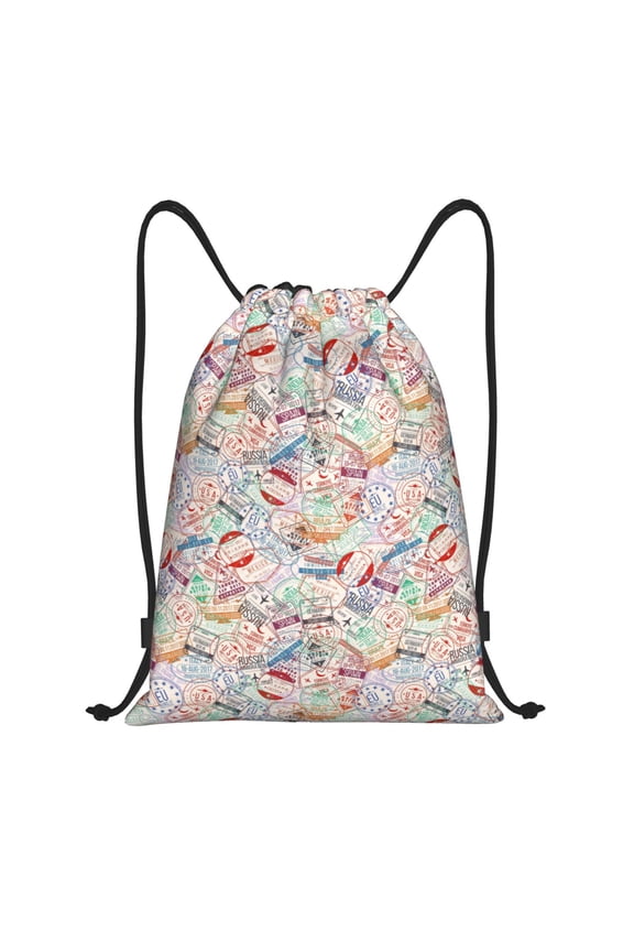 Passport Stamp Print Drawstring Backpack Drawstring Bags,Draw String Back Bag Drawstring Bags for Sports,Gym,Travel,Swimming,Beach