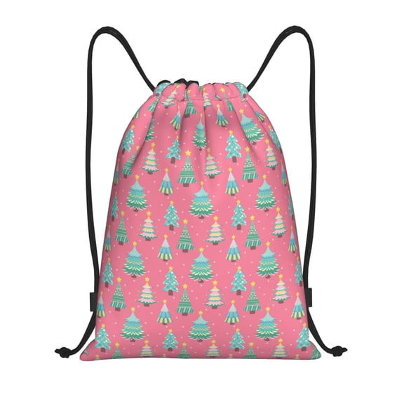 Kuqiui Pastel Christmas Trees on Pink Print Drawstring Backpack Drawstring Bags,Draw String Back Bag Drawstring Bags for Sports,Gym,Travel,Swimming,Beach