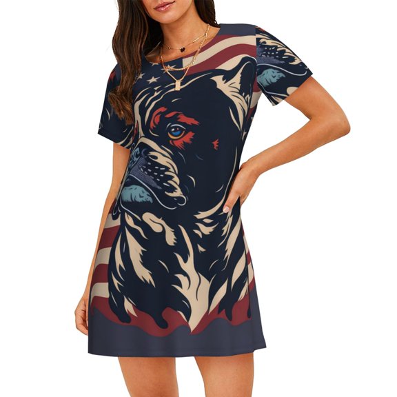 Kuqiui Patriotic Bulldog Art Pattern Women's Short-sleeved Nightgown,Casual Sleep A-line Sleepwear Comfy Sleepshirt,Cute Breathable Nightdress Ruffle - Large