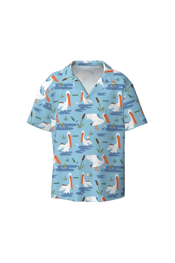 Pelican Reed And Fish Print Men's Button Down Shirts Short Sleeve Casual Shirts Hawaiian Shirts Vacation Wedding Shirts with Pocket-X-Large