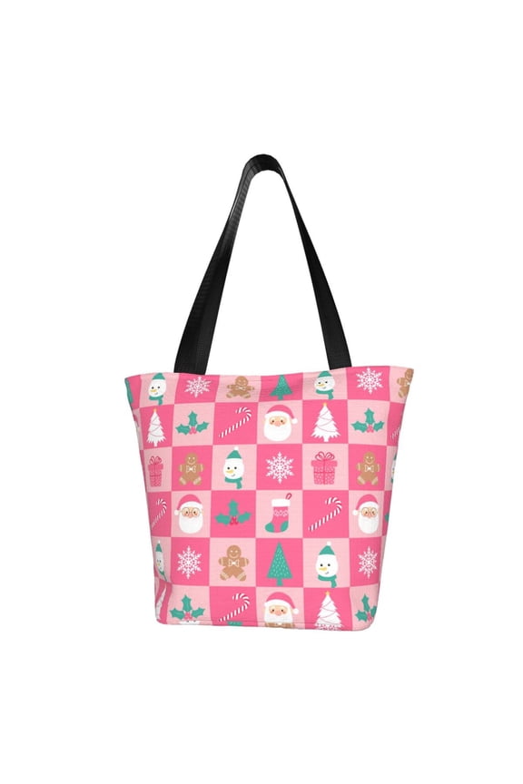 Pink Christmas Cheer Print Canvas Tote Bag for Women Cute Clothing Book Aesthetic Casual Reusable Tote Shoulder Bags