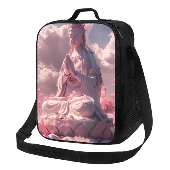 Kuqiui Pink Lotus Buddha Print Lunch Box for Women Men,Insulated Lunch Bag Women with Adjustable Shoulder Strap,Lunch Tote Bag for Work,Picnic,Camping
