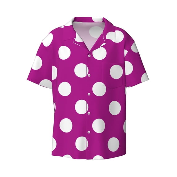 Kuqiui Purlpe And White Polka Dot Print Men's Button Down Shirts Short Sleeve Casual Shirts Hawaiian Shirts Vacation Wedding Shirts with Pocket-Small