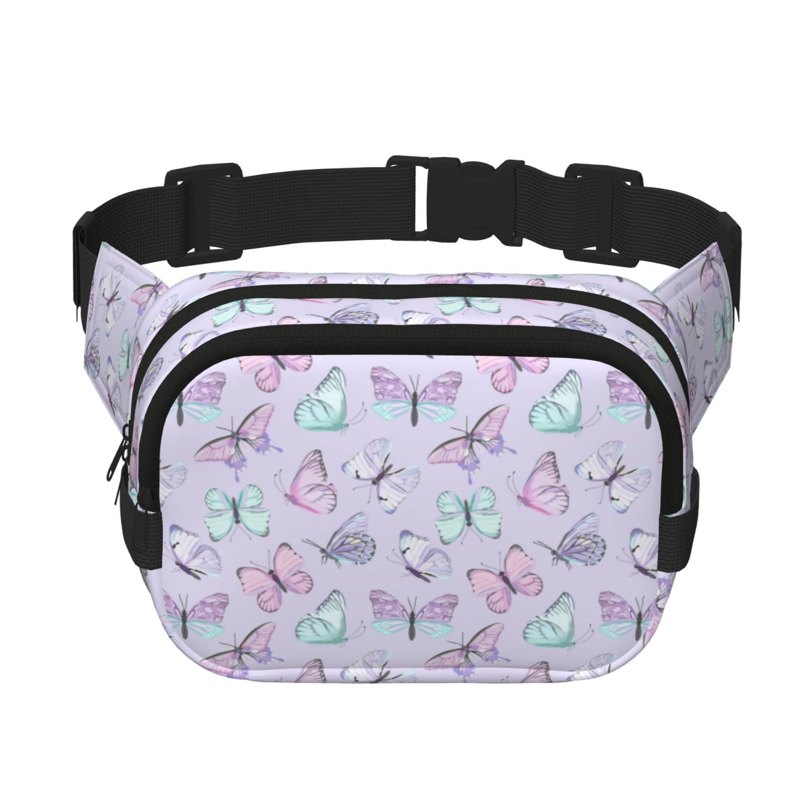 Kuqiui Purple Butterfly Print Fanny Packs for Women Cross Body Waist Bag Fashionable Fanny Pack Designer Workout Hiking Waist Pack Running Travel Gym