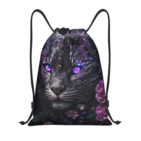 Kuqiui Purple-Eyed Floral Leopard Print Drawstring Backpack Drawstring Bags,Draw String Back Bag Drawstring Bags for Sports,Gym,Travel,Swimming,Beach
