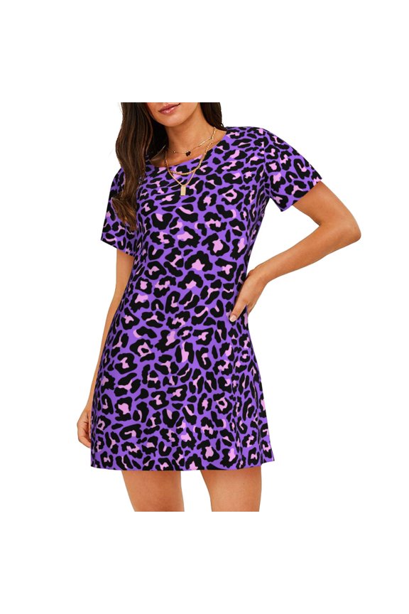 Purple Leopard Pattern Women's Short-sleeved Nightgown,Casual Sleep A-line Sleepwear Comfy Sleepshirt,Cute Breathable Nightdress Ruffle - X-Large