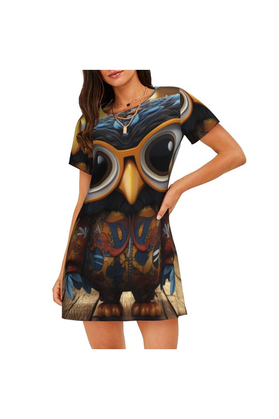 Quirky Owl With Glasses Pattern Women's Short-sleeved Nightgown,Casual Sleep A-line Sleepwear Comfy Sleepshirt,Cute Breathable Nightdress Ruffle - Medium