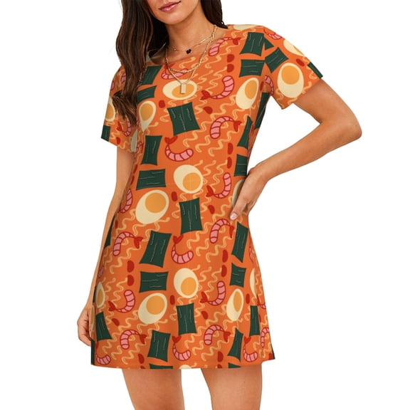 Kuqiui Ramen Noodle Soup Pattern Women's Short-sleeved Nightgown,Casual Sleep A-line Sleepwear Comfy Sleepshirt,Cute Breathable Nightdress Ruffle - Large