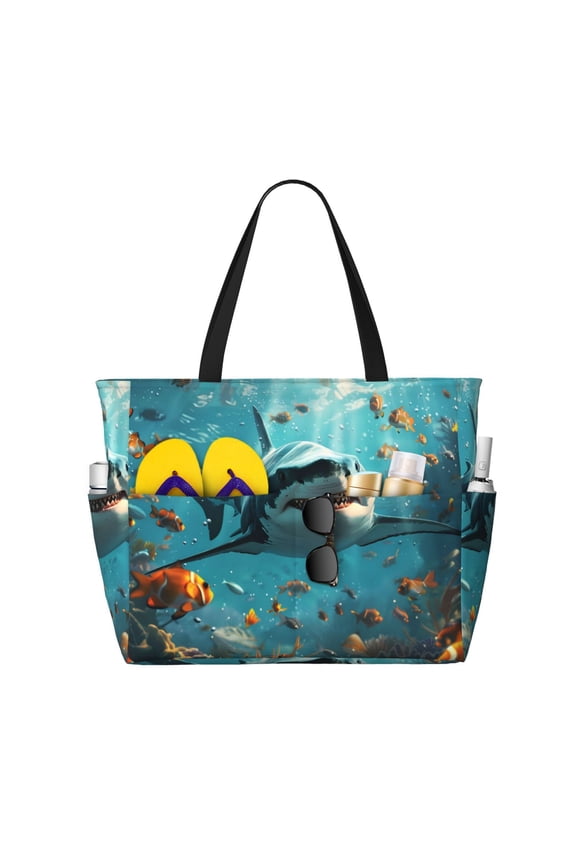 Realistic Ocean Shark Print Beach Pool Bags Tote for Women Ladies Large Gym Tote Carry On Bag for Weekender Travel Waterproof
