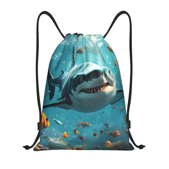 Kuqiui Realistic Ocean Shark Print Drawstring Backpack Drawstring Bags,Draw String Back Bag Drawstring Bags for Sports,Gym,Travel,Swimming,Beach