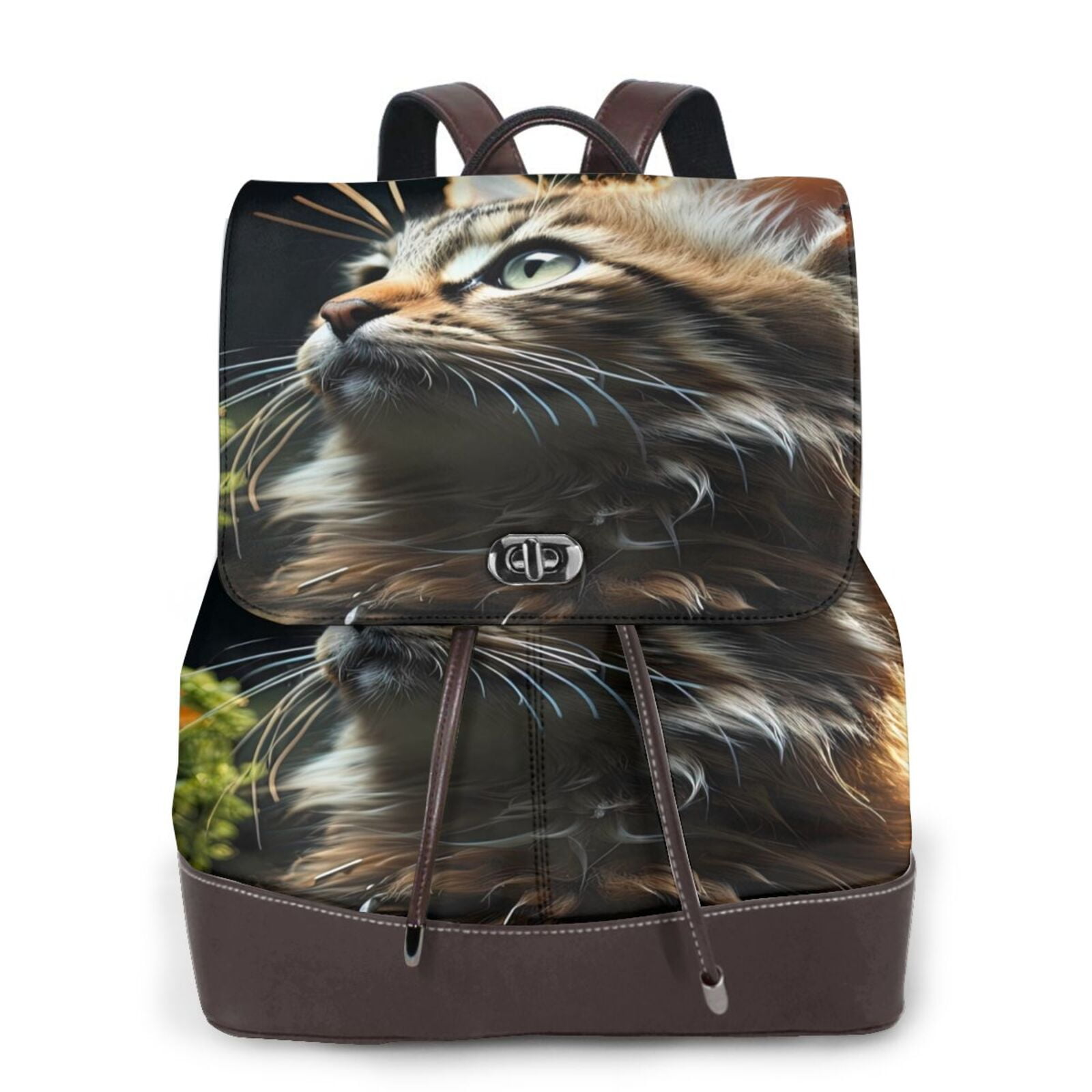 cat leather backpack Kuqiui Realistic Style Cute Cat Print Leather Backpack Purse For Women  Fashion Ladies Vintage Bags Casual College Travel Backpacks bag