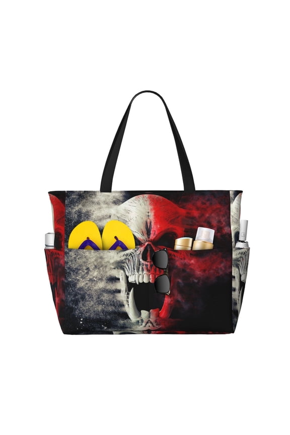 Red And White Screaming Demon Skull Print Beach Pool Bags Tote for Women Ladies Large Gym Tote Carry On Bag for Weekender Travel Waterproof