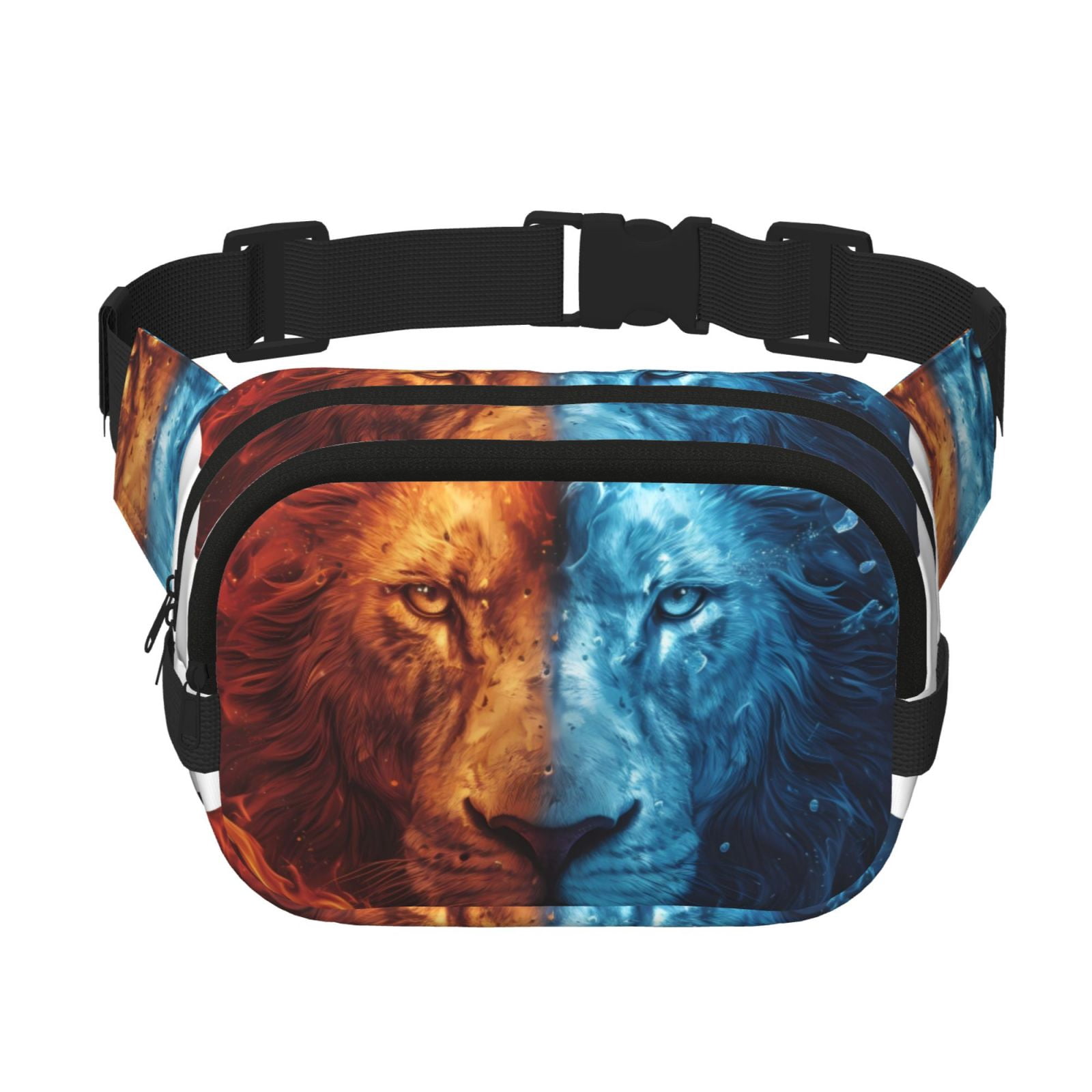 Kuqiui Red And Blue Fire Lion Print Fanny Packs for Women Cross Body Waist Bag Fashionable Fanny Pack Designer Workout Hiking Waist Pack Running Travel Gym