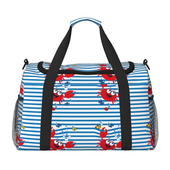 Kuqiui Red Funny Crab on Blue Stripe Print Foldable Travel Duffel Bag Tote Carry on Luggage Bag Personal item Sports Gym Bag Water Resistant Weekender Overnight Bags for Women and Men